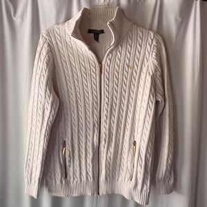Lauren Ralph Lauren White Cable-Knit Cotton Full-Zip Cardigan Sweater !X
